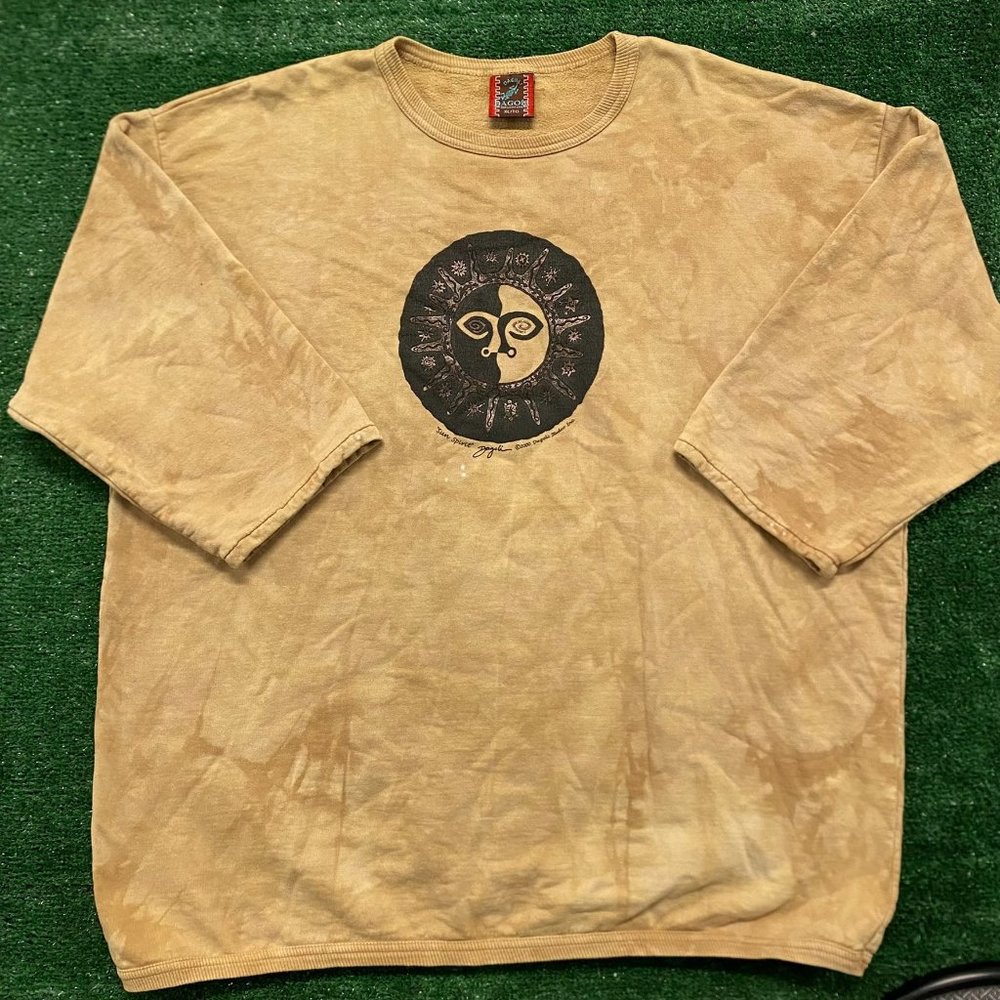 Vintage Y2K Dagoli Aztec Sun Spirit Crewneck Sweatshirt Tan Tie Dye XL Tribal